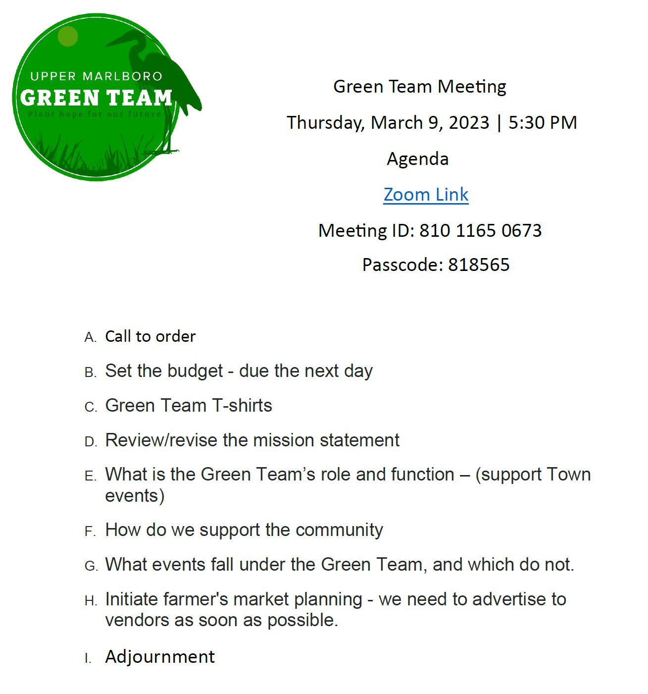 Green Team Agenda